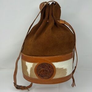 Vintage Hand Tooled Cow Hair Suede and Leather Bucket Shoulder Bag